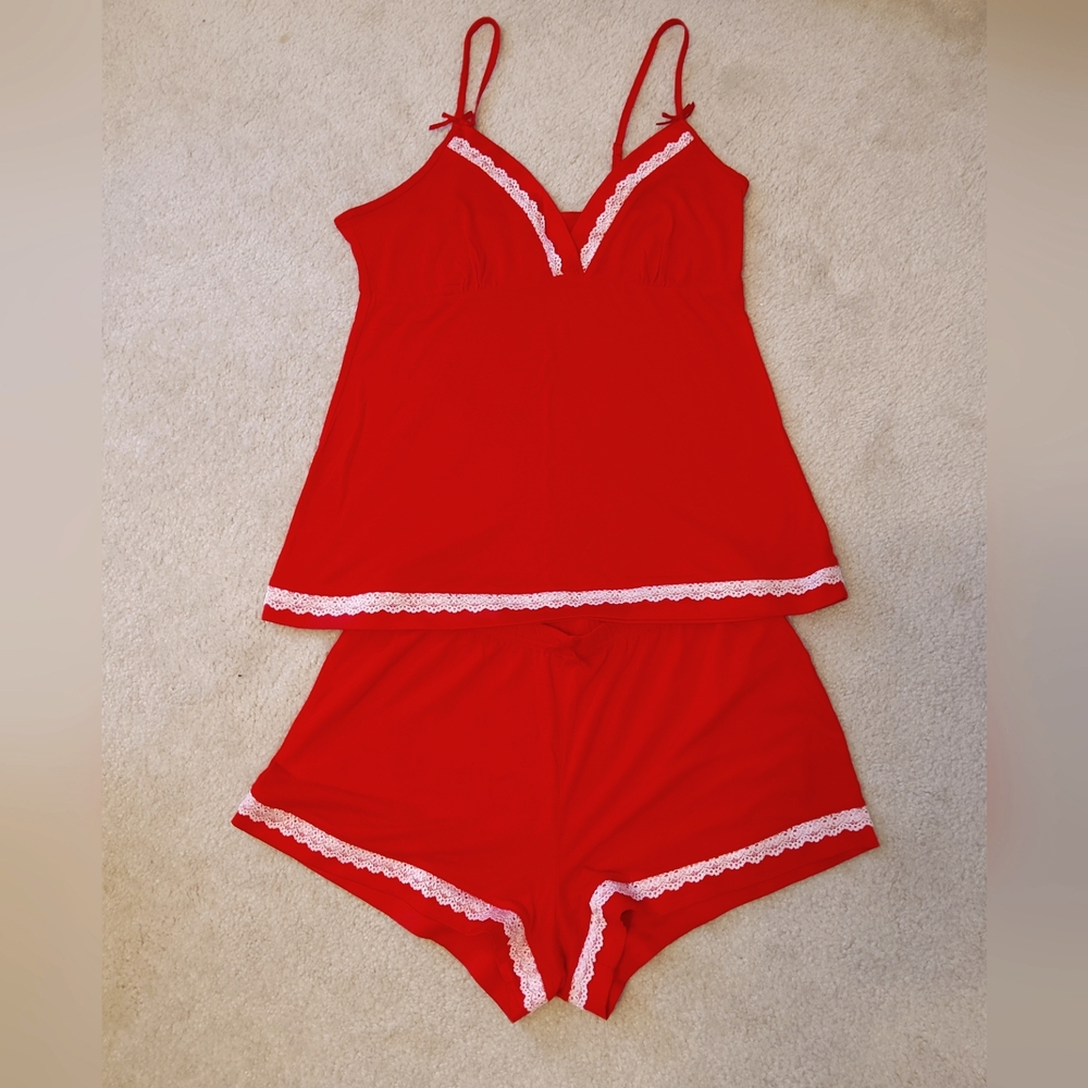 CASSANDRA Red Lace Trim Sleepwear Set L